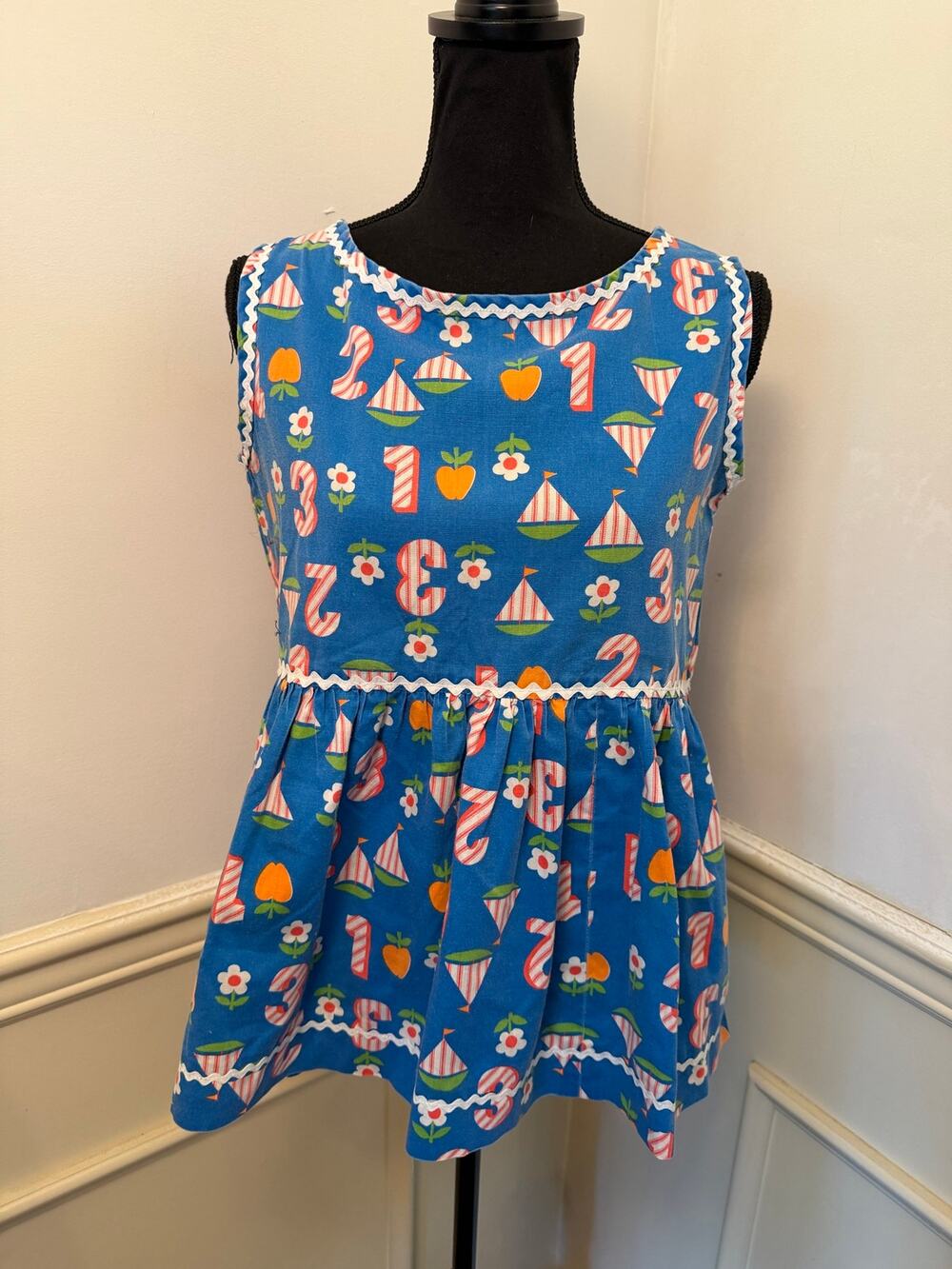 Vintage Handmade Novelty Print "School Days" Sleeveless Top Smock Retro Cottage